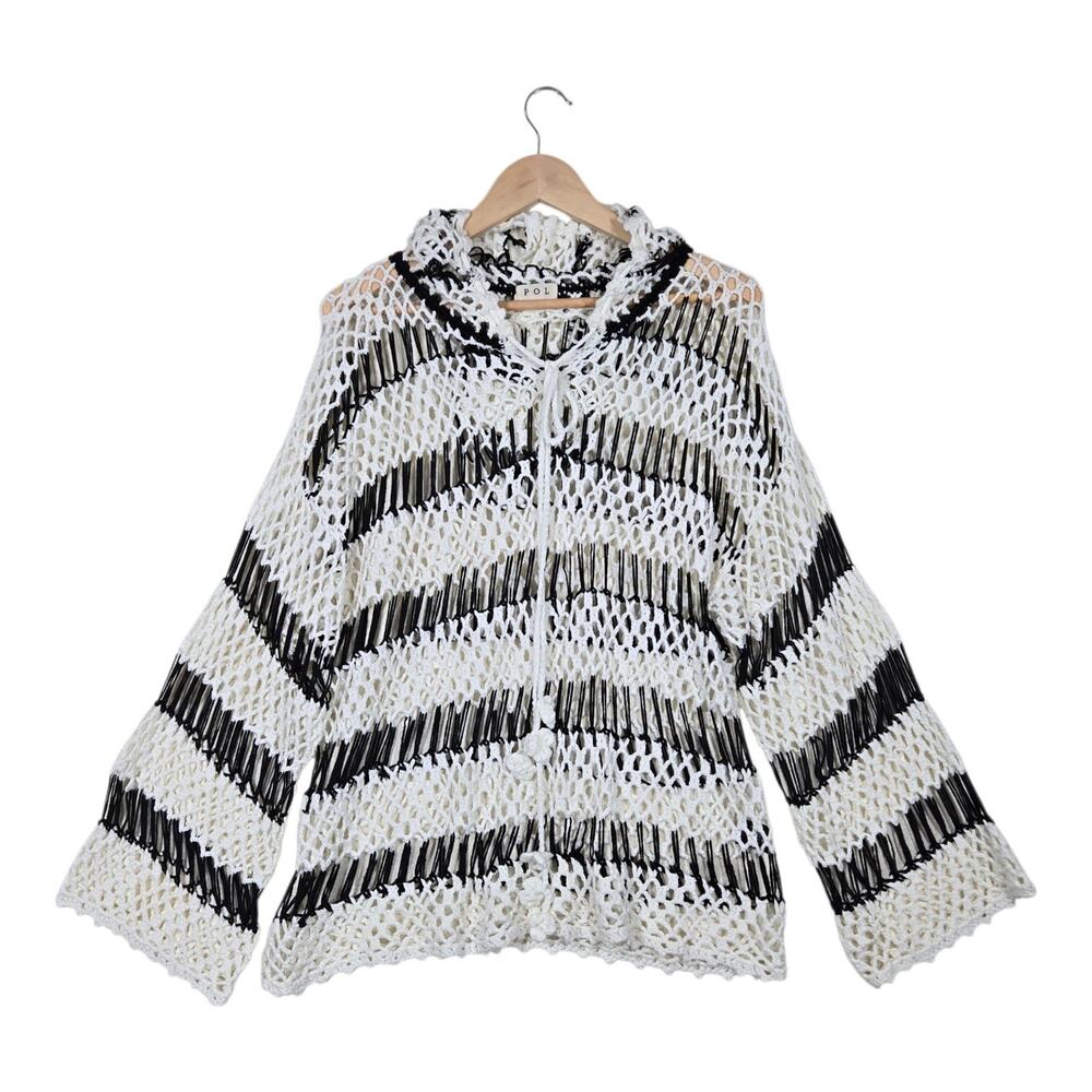 POL Crochet Knit Hoodie Sweater Large Black White Striped Open Weave Oversized